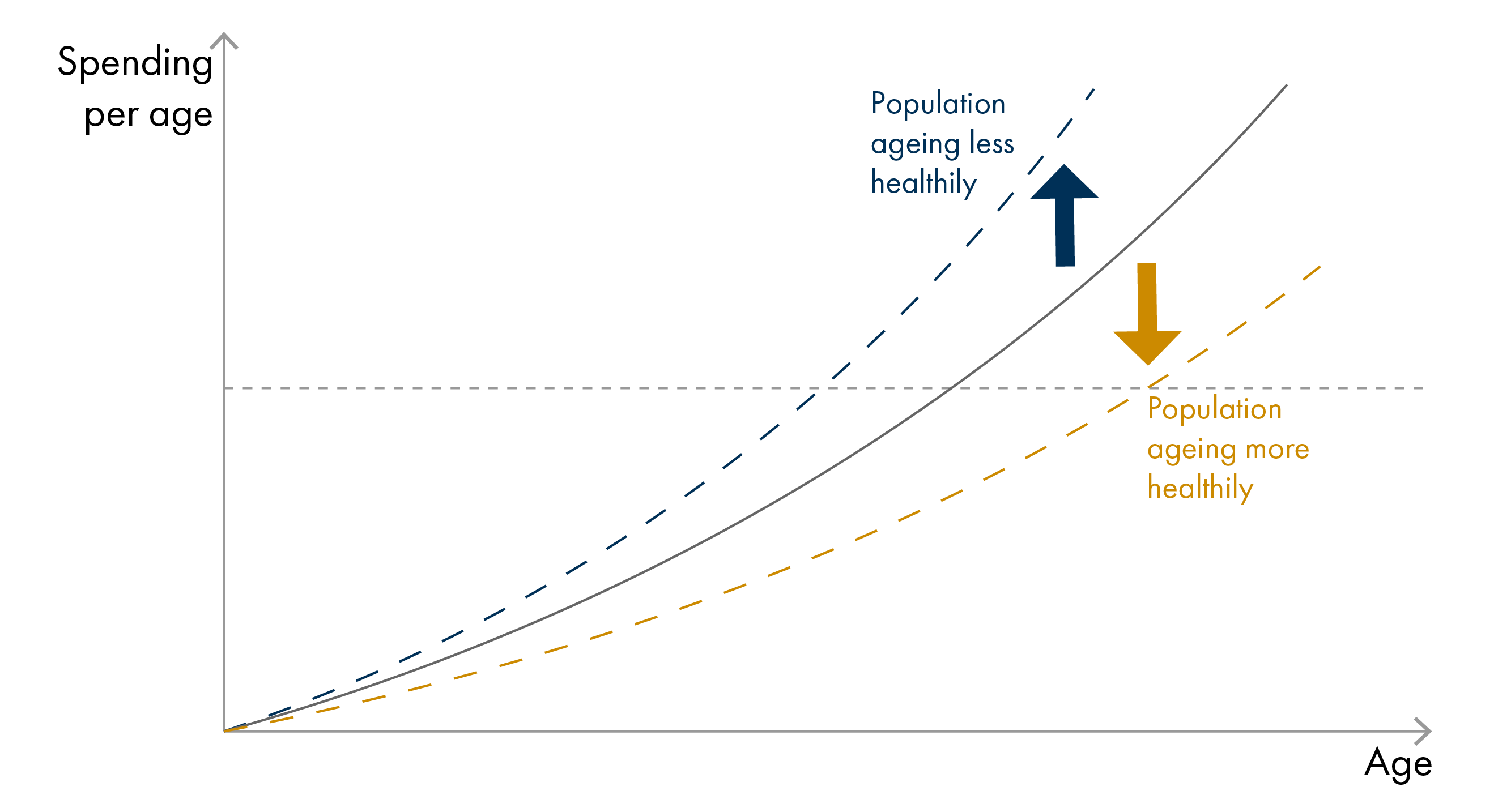 The image shows a line graph illustrating the projected spending per age under two scenarios: one where the population is aging less healthily and one where the population is aging more healthily.The x-axis represents age, with the range extending to older ages on the right.The y-axis represents spending per age, with increasing values as you move upwards.There are three lines in the graph:The black line shows the general trend of spending per age, steadily increasing as people get older.The teal dashed line represents the scenario of population aging less healthily, where spending per age rises more sharply as age increases.The purple dashed line represents the scenario of population aging more healthily, where spending per age increases more gradually.The arrows indicate:Population aging less healthily (teal arrow pointing up) leads to higher spending as people age.Population aging more healthily (purple arrow pointing down) results in lower spending over time.